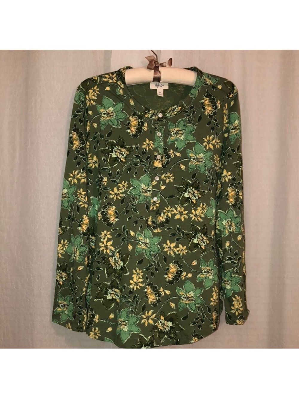Style & Co XL Cotton Green Gold Pullover Henley with Roll Up Sleeves